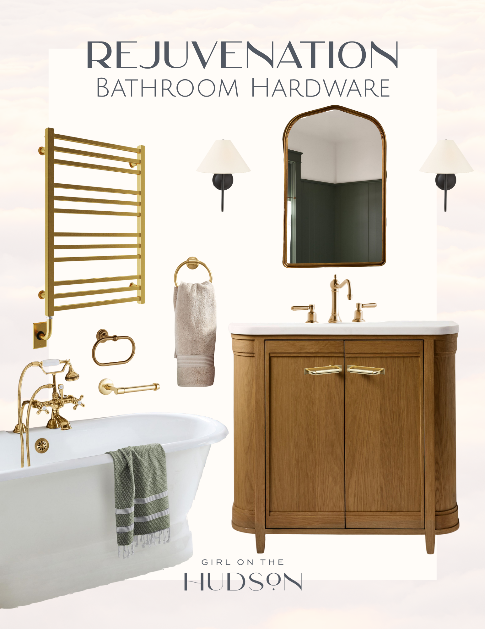 Graphic featuring Rejuvenation bathroom hardware, including a brass towel warmer, wall sconces, mirror, faucet, towel ring, and toilet paper holder, styled with a wood vanity and freestanding tub with brass fixtures.