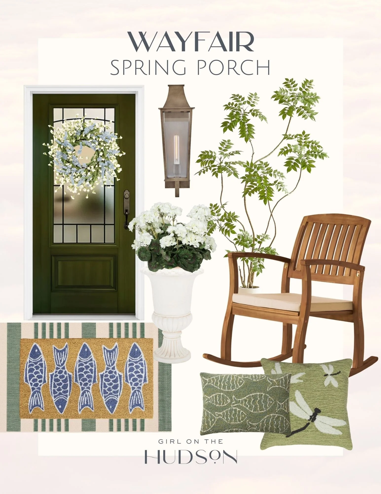Wayfair spring porch decor collage featuring outdoor rocking chairs, porch rug, spring wreath, outdoor planters, and cozy front porch decorating ideas.