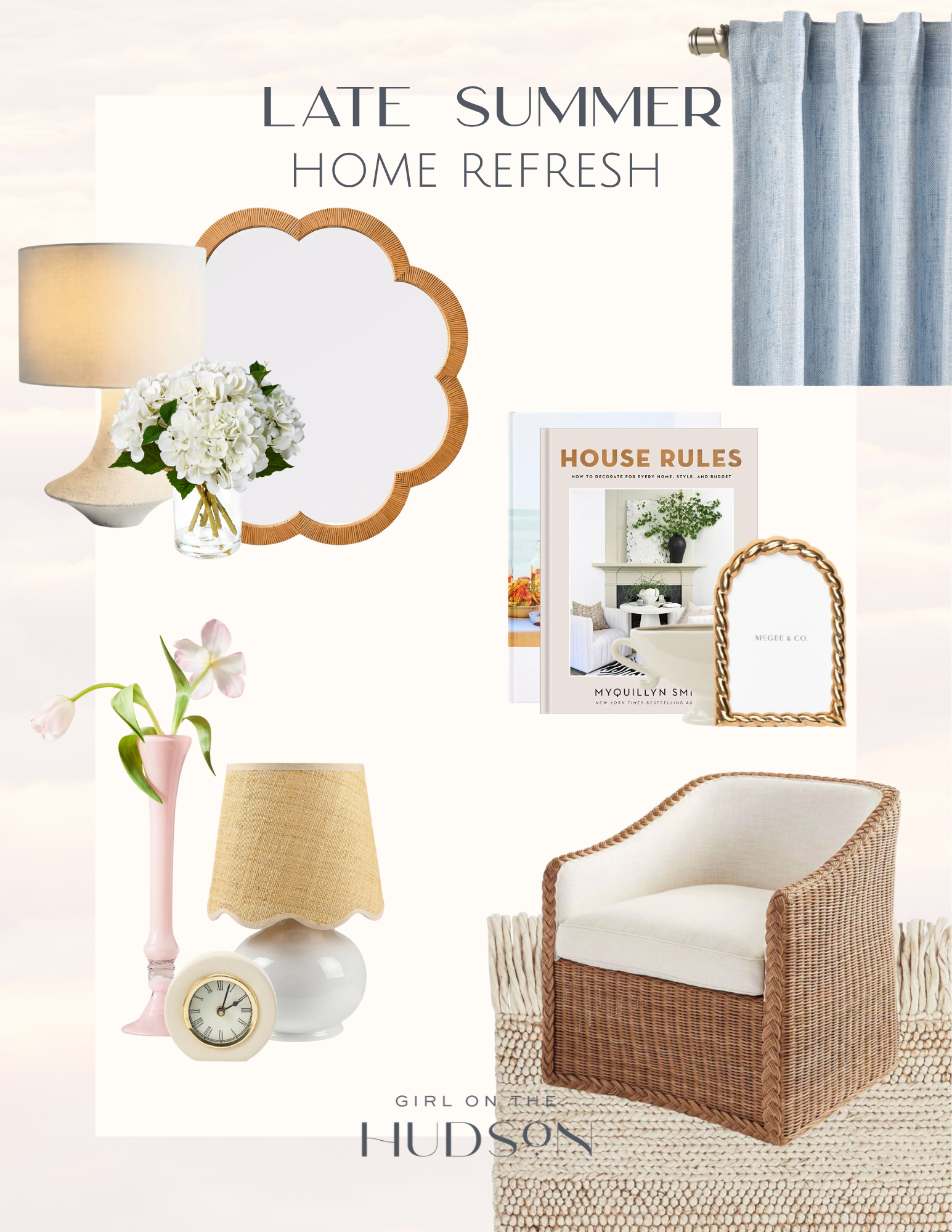 Collage of late summer home decor refresh ideas featuring neutral decorative accents, woven textures, candles, greenery, and seasonal accessories for an inviting transitional home.