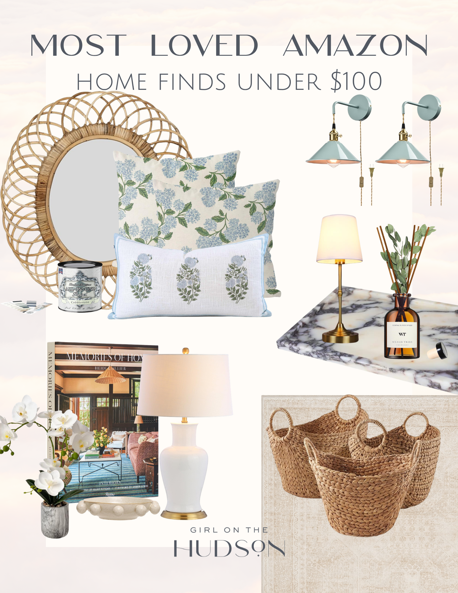 Amazon Prime Day home finds collage featuring a rattan mirror, blue floral throw pillows, brass wall sconces, marble tray, table lamp, reed diffuser, de