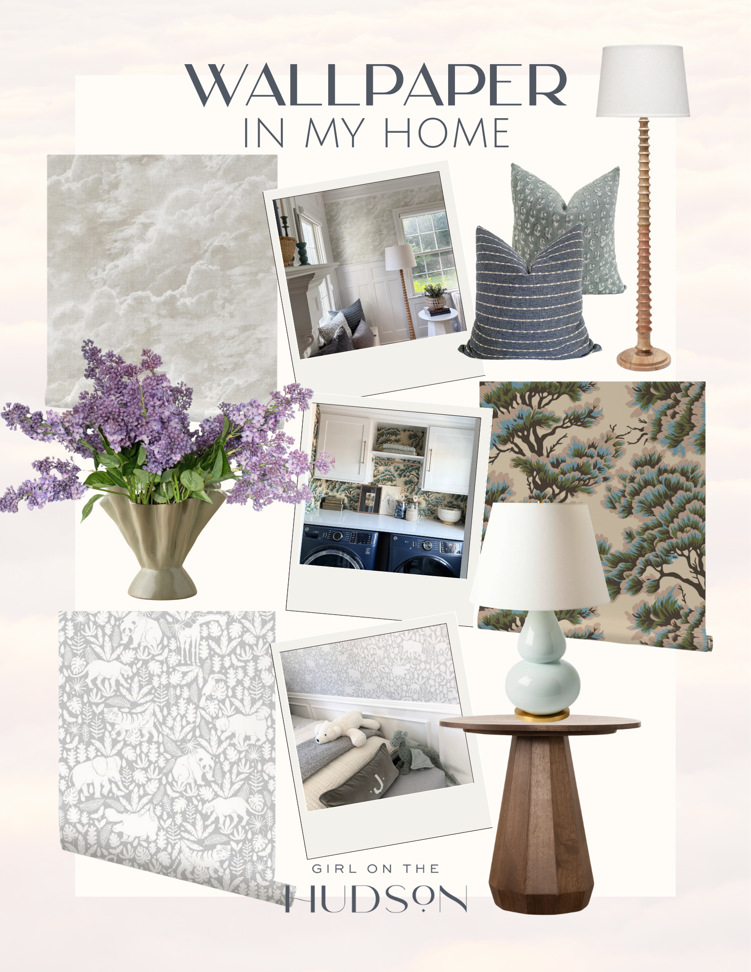 Wallpaper inspiration board featuring neutral botanical wallpaper patterns, coastal blue pillows, wood table lamp, and layered home decor textures.