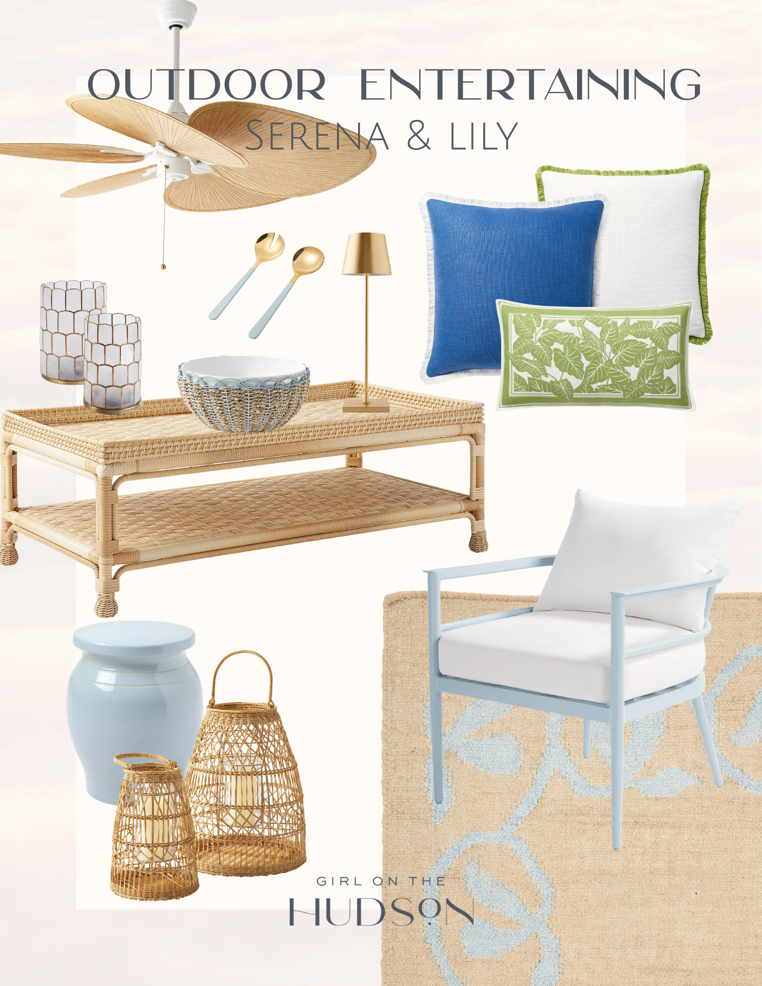 Serena & Lily outdoor entertaining items including rattan table, armchair, pillows, lanterns, and fan.