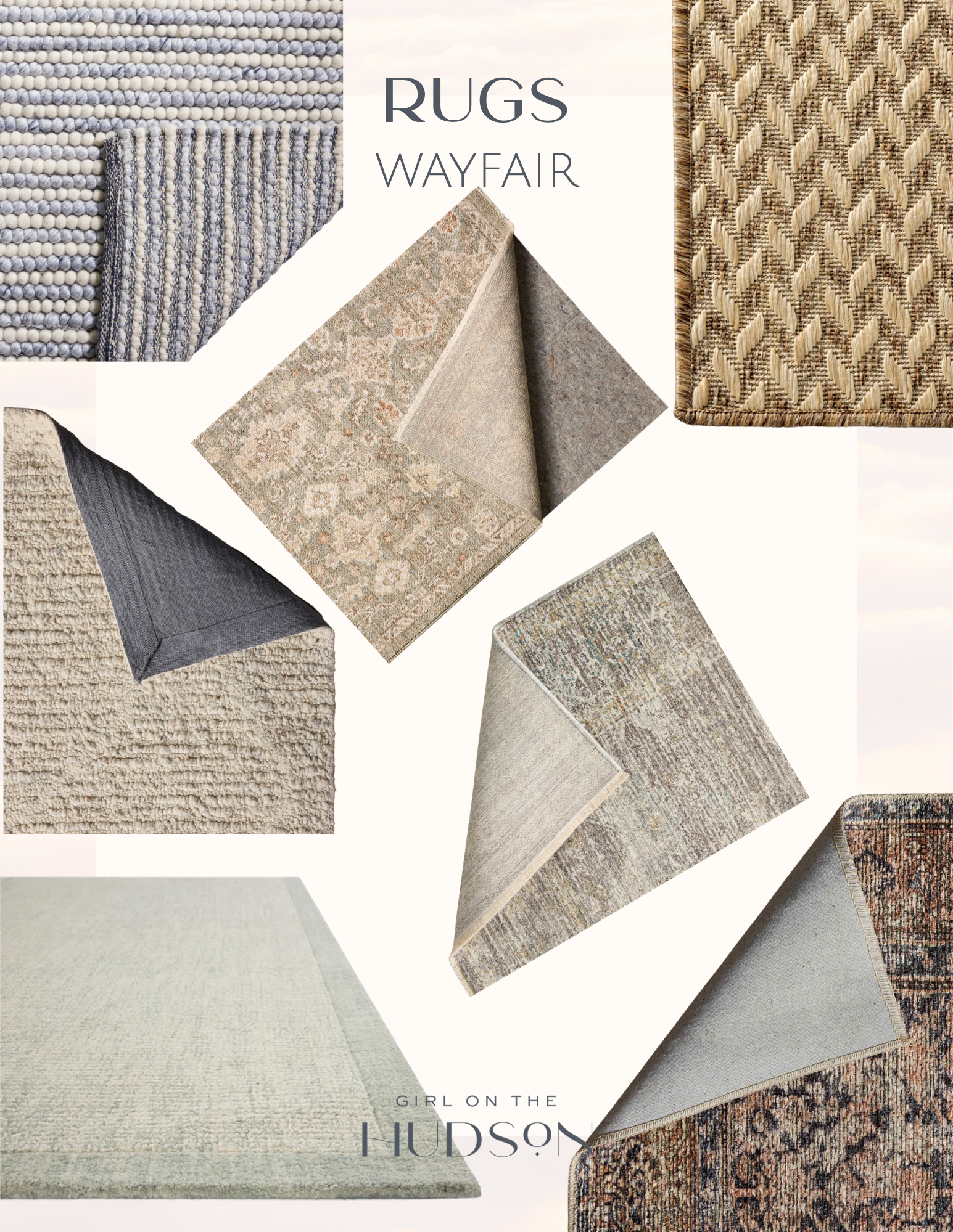 Wayfair rug roundup featuring vintage inspired area rugs, textured wool rugs, neutral rugs, and patterned rugs for living rooms, bedrooms, and designer inspired home decorating.