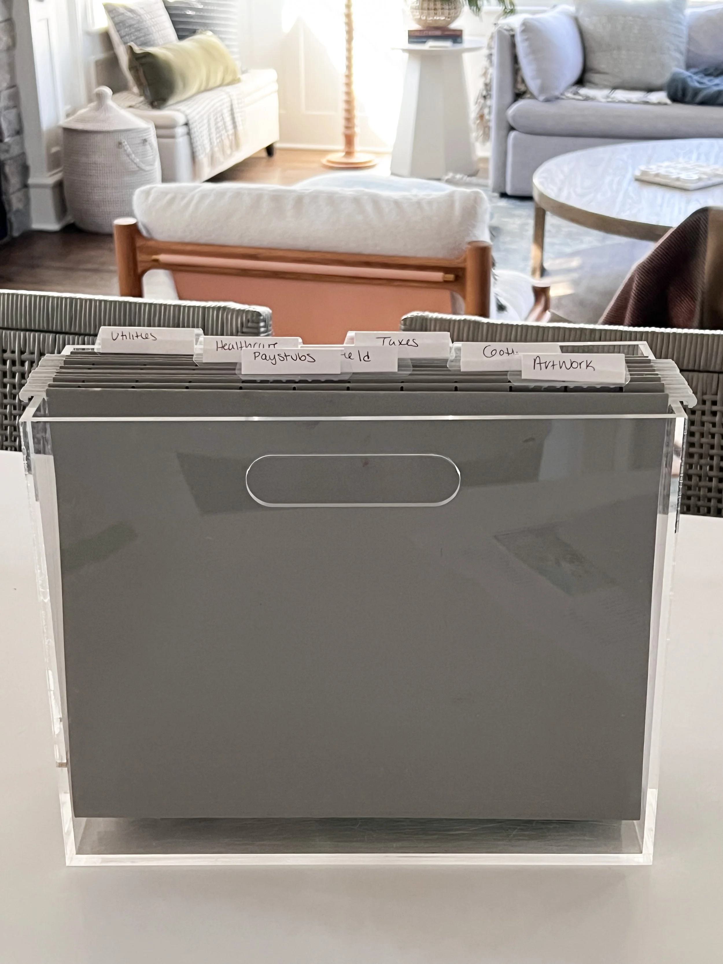 Amazon Prime Day organization find featuring a clear acrylic file box with labeled folders for storing household documents and paperwork.