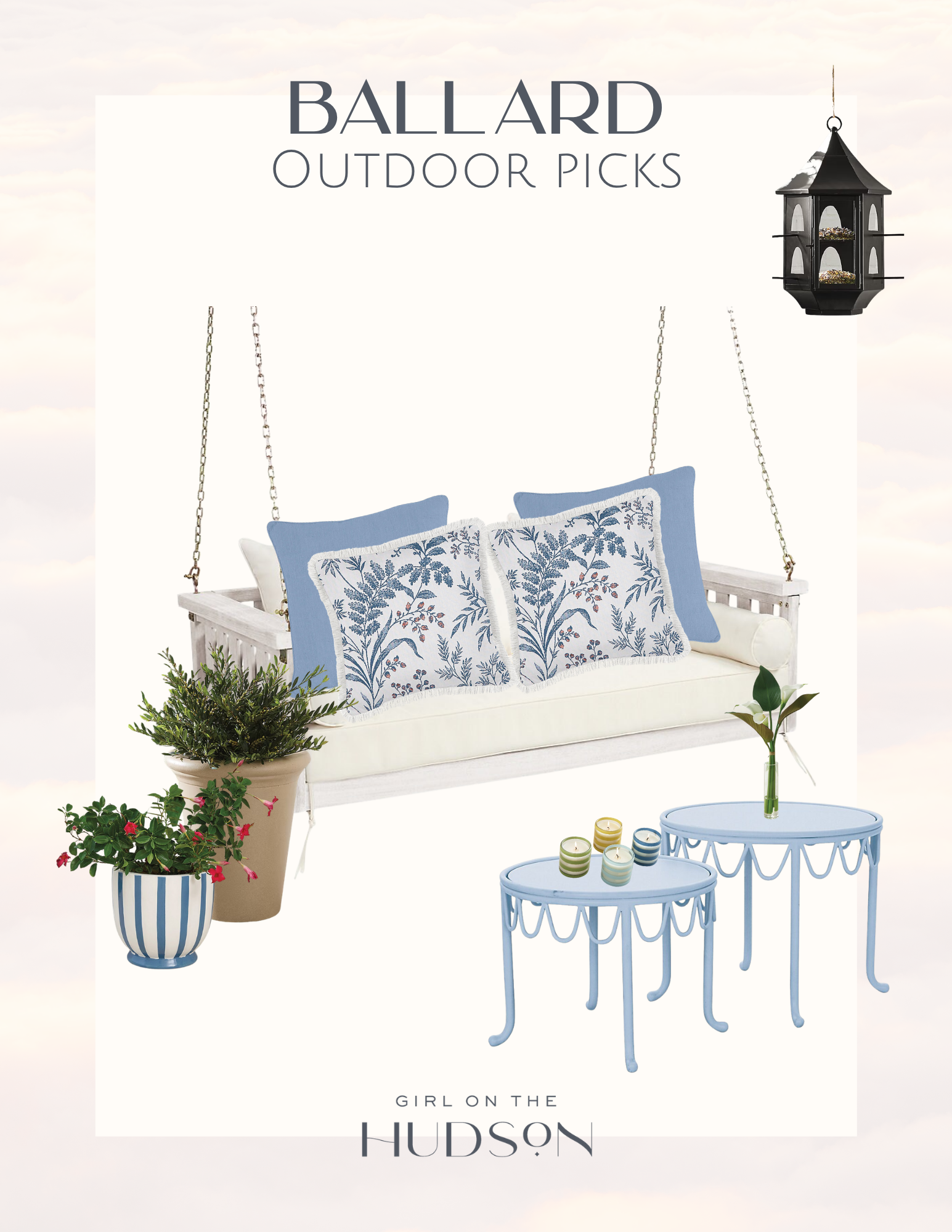Ballard Designs outdoor porch swing with blue pillows, side tables, planters, and hanging lantern