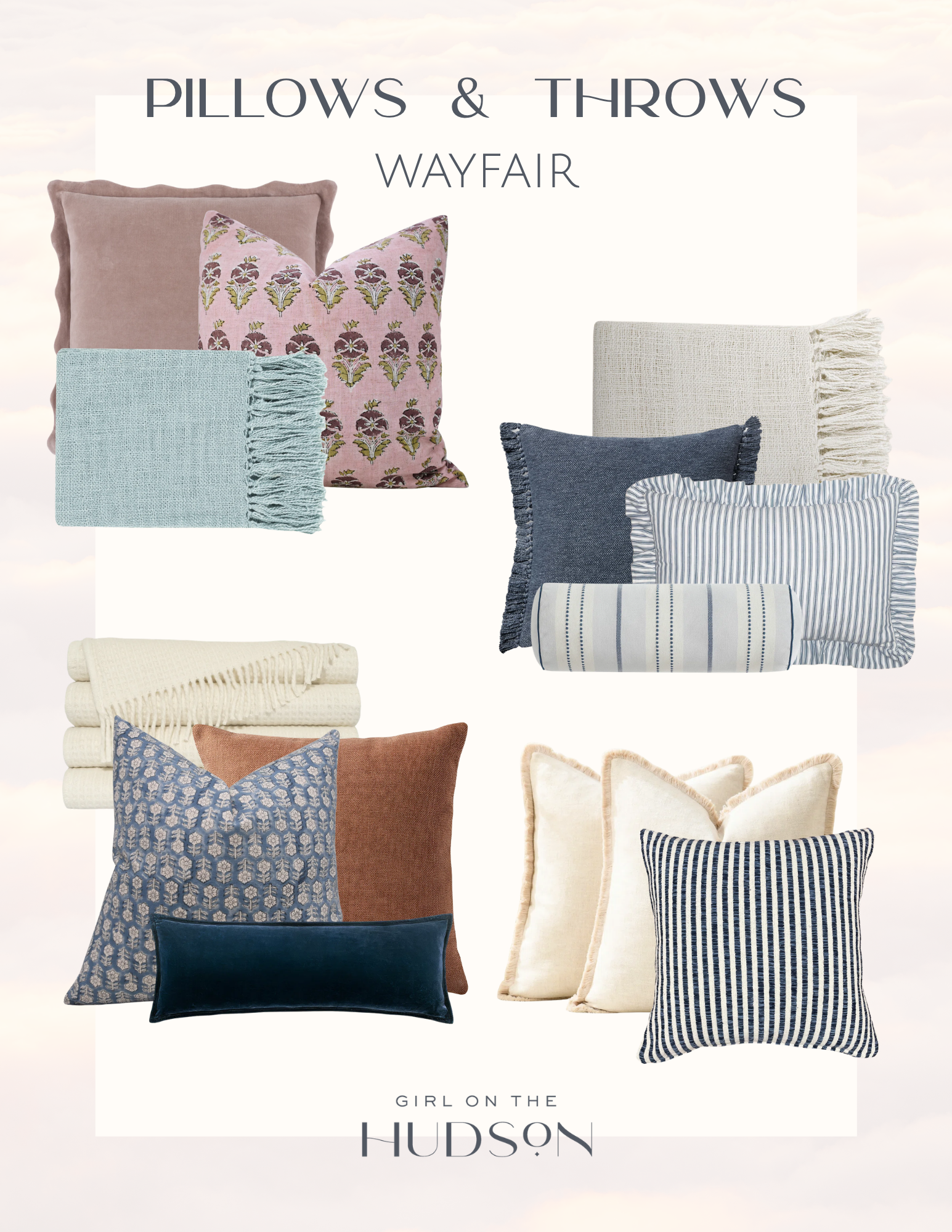 Collection of decorative throw pillows and cozy blankets in soft textures and neutral colors for layering a reading nook or cozy living space.