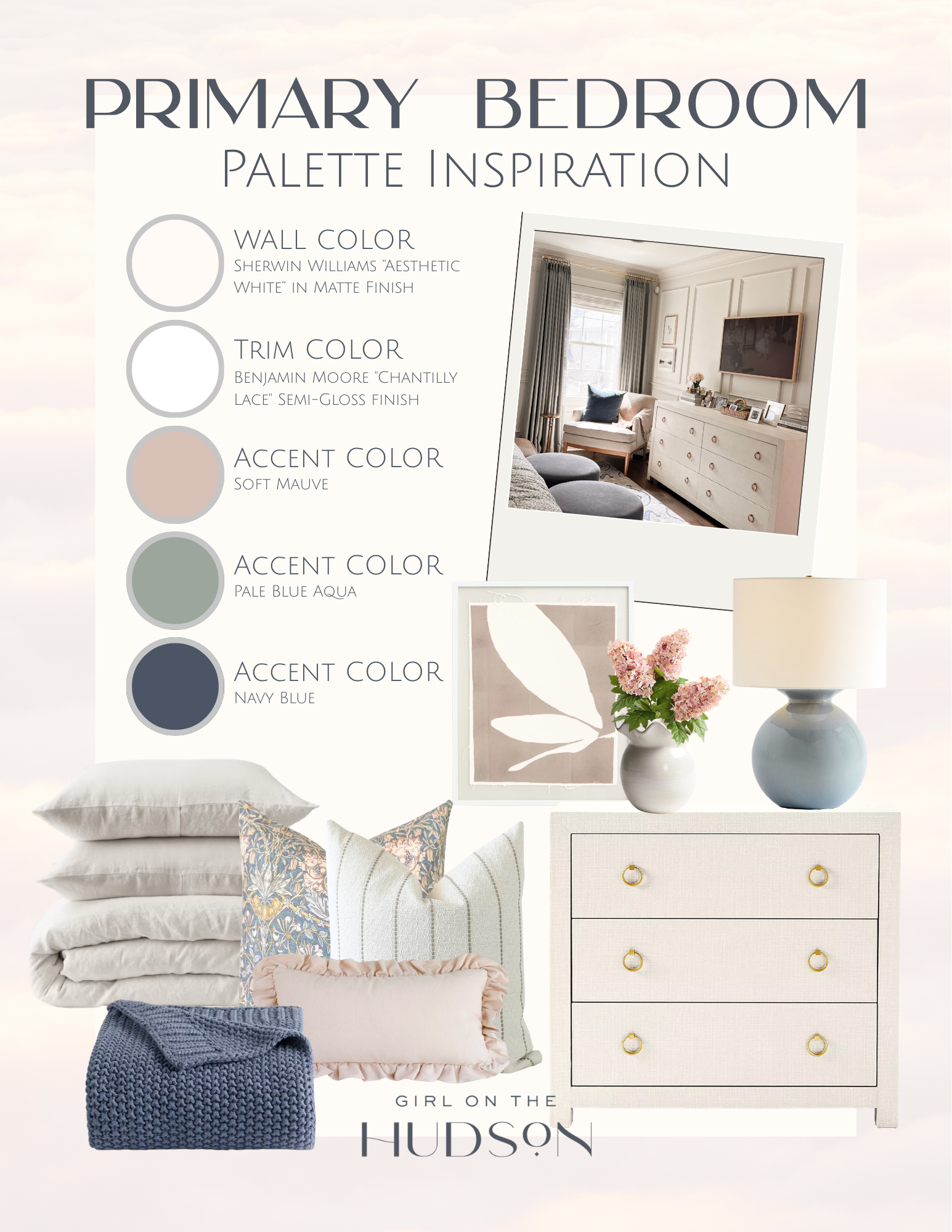 Primary bedroom palette design board featuring Sherwin Williams Aesthetic White walls, Chantilly Lace trim, and soft mauve, pale blue, and navy accent colors.