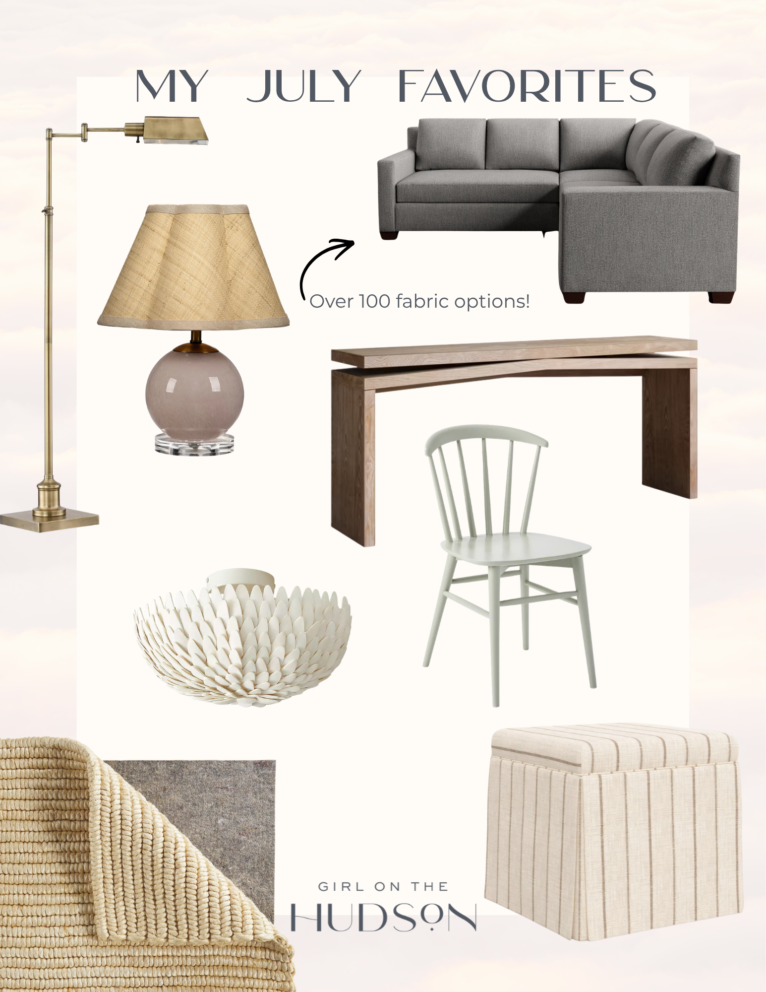 Collage of July home favorites featuring a brass floor lamp, woven table lamp, gray sectional sofa, wood console table, white dining chair, decorative bowl, striped storage ottoman, and woven area rug.