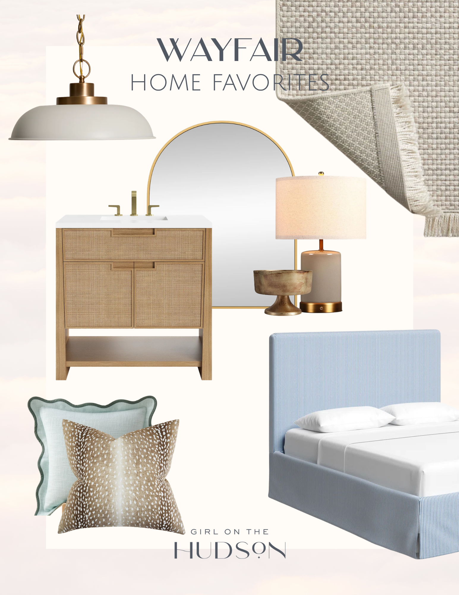 Wayfair home decor featuring rattan baskets, table lamp, mirror, pillows, and blue bed.