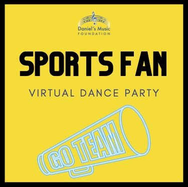 Sports fan dance party logo with an image of a megaphone with the text go team and the DMF logo