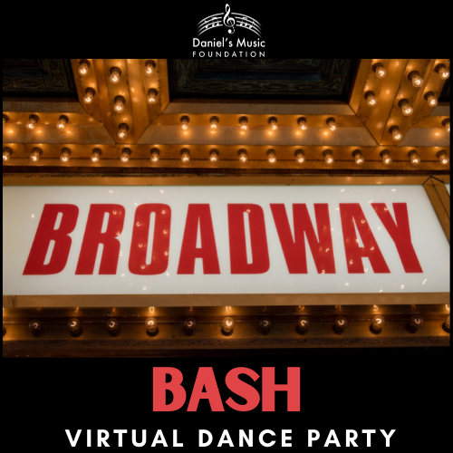 Broadway Bash Dance Party logo with image of Broadway Marquee with lights and DMF logo