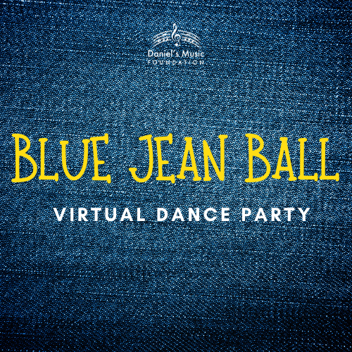Blue Jean Ball Virtual Dance Party logo with Image of Denim background
