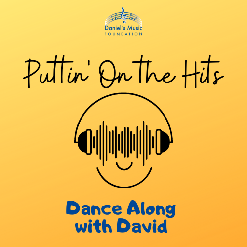 Puttin' On the Hits Dance Along with David logo with drawing of person with headphones on and DMF logo