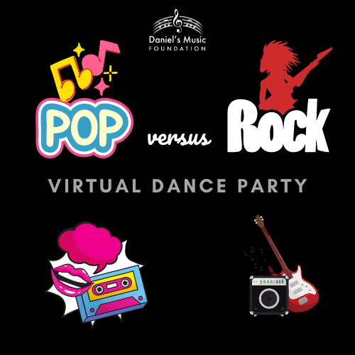 Pop versus Rock Virtual Dance Party logo with images of guitars and music notes