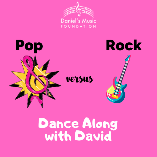 pop vs. rock dance along with David logo with images of electric guitar and music notes