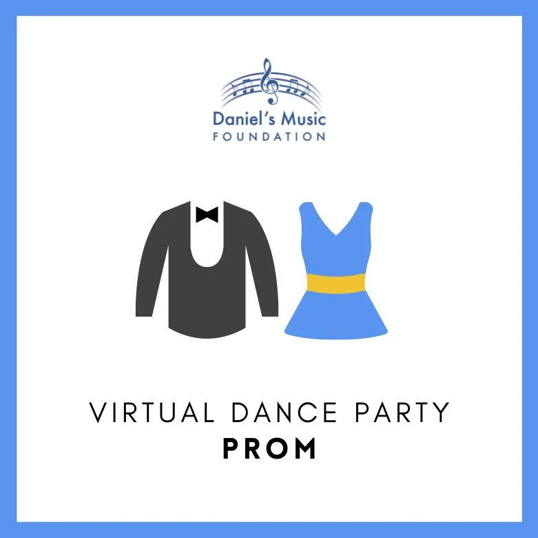 DMF Virtual Prom Dance Party logo with image of tuxedo, dress and DMF logo