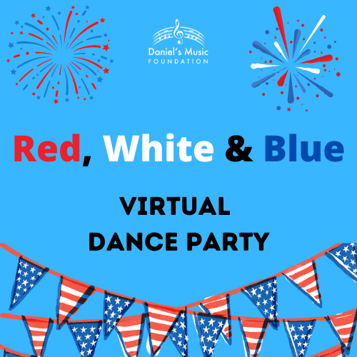 Red, White & Blue Dance Party logo with images of fireworks, banner and DMF logo