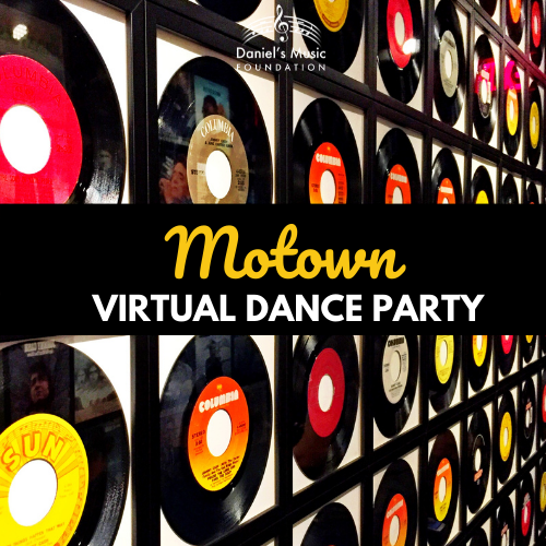 Motown Virtual Dance Party Logo with image of records on a wall
