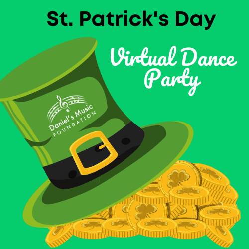 Virtual St. Patrick's Day Virtual Dance Party logo with image of leprachaun hat and gold coins with shamrocks