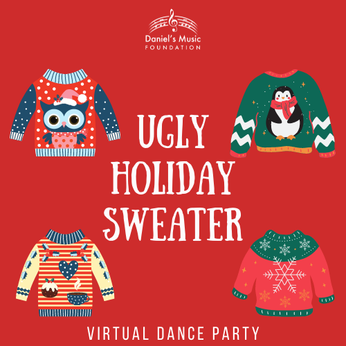 ugly holiday sweater virtual dance party logo with images of ugly holiday sweaters and dmf logo