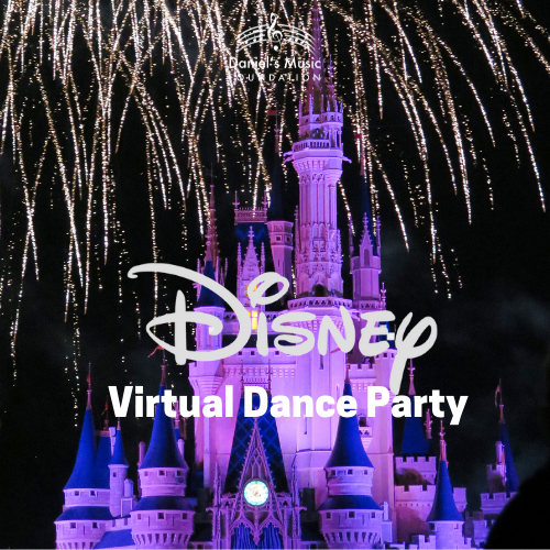 Disney Dance Party logo with image of Cinderella's Castle with fireworks and DMF logo