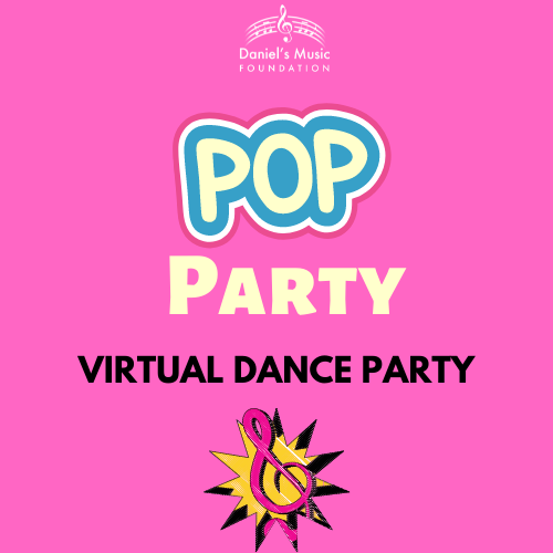 Pop Party Virtual Dance Party Logo with image of an 80's pop themed colorful treble clef