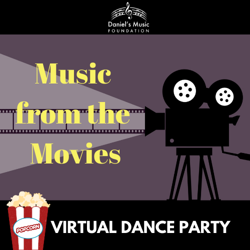Music from the movies virtual dance party logo with image of DMF logo, old time movie projector and popcorn