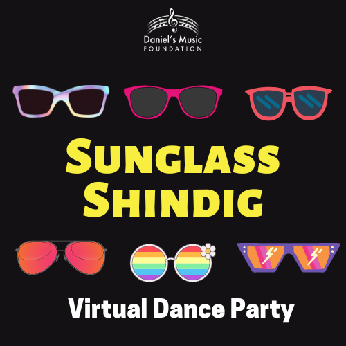 Sunglass shindig virtual dance party logo with images of sunglasses and DMF logo