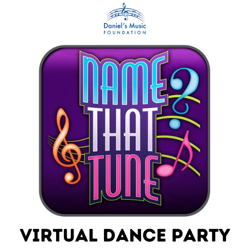 Name that Tune Virtual Dance Party with image of music notes and DMF logo