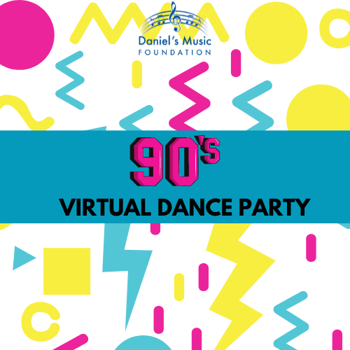 90s virtual dance party with images of bright colored shapes and the DMF logo