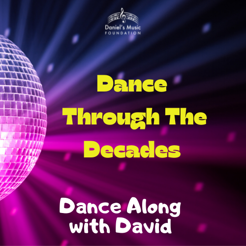 Dance through the Decades Dance Along with David logo with image of disco ball and DMF logo