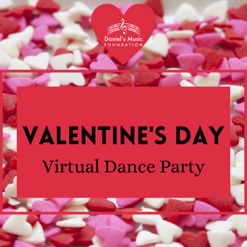 DMF Virtual Valentine's Dancy Party logo with images of hearts and DMF logo