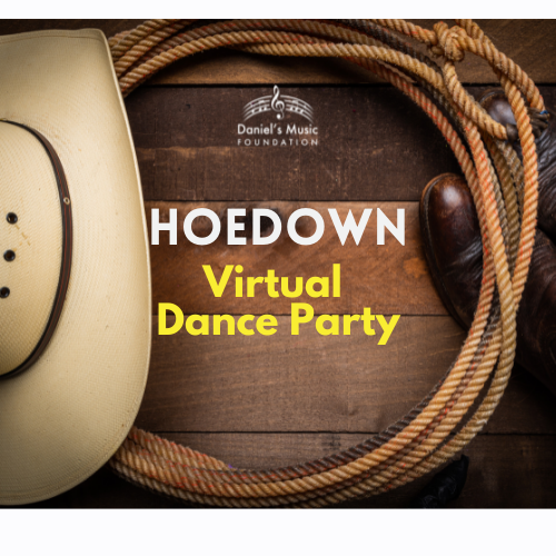 Hoedown virtual dance party logo with image of cowboy hat, lasso and boots with DMF logo