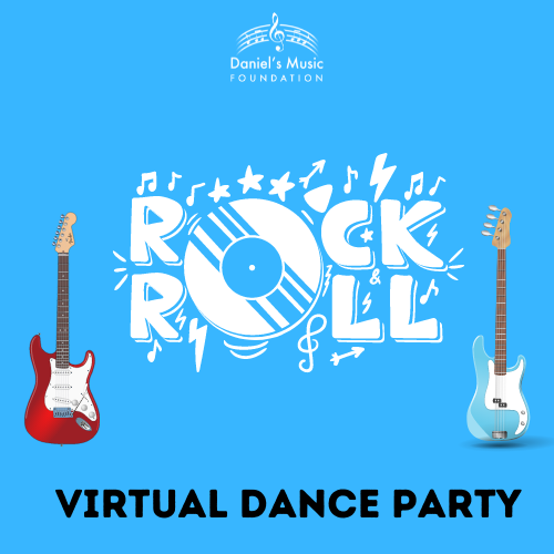 Rock & Roll Dance Party logo with images of electric guitars, music notes and lightening bolts.