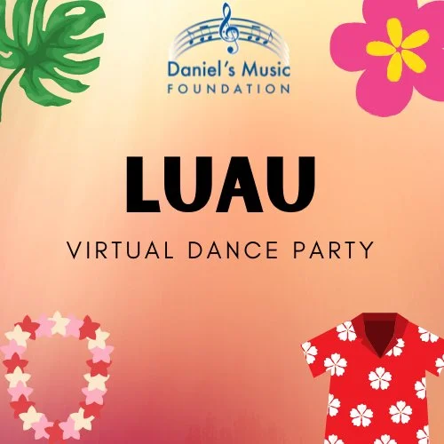 Luau Dance Party logo with images of Hawaiian shirt, flowers and leis and DMF Logo