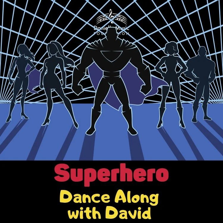 superhero dance along with david logo with images of superheroes