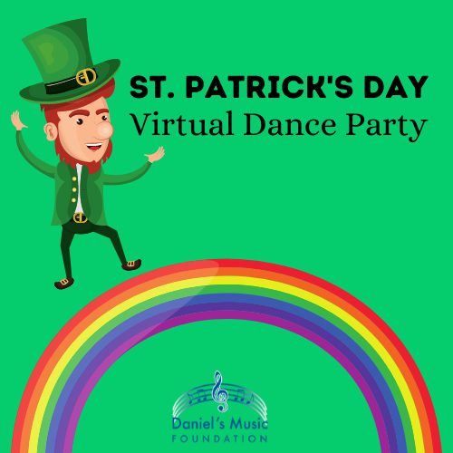 St. Patrick's Day virtual dance party logo with image of a leprechaun on a rainbow with DMF logo