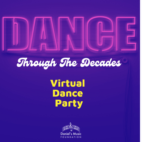 Dance through the Decades Virtual Dance Party logo with image of neon sign and DMF logo