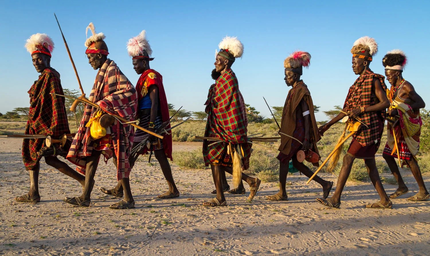Turkana men return home from a wedding ceremony; Turkana, Kenya
