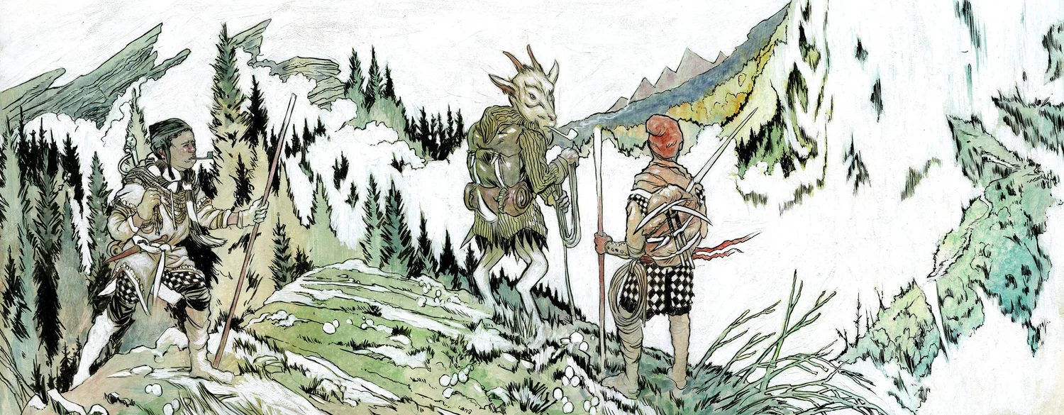 Breggles viajam pela montanha cheia de neve