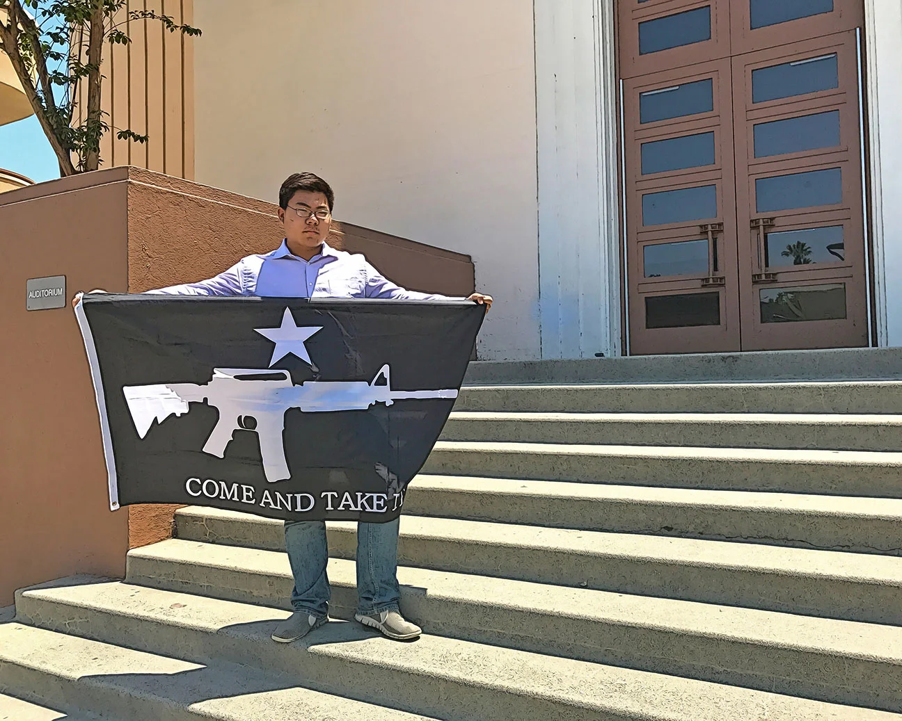 Charles Li on the steps of the South Pasadena High School auditorium. (Photo and illustration / Doug Forbes)