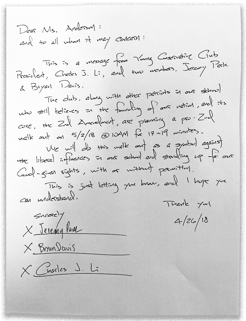 Letter from Li to his principal concerning the walkout (Letter provided by Li)