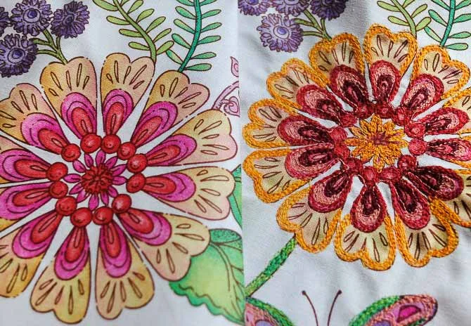 Thread painting with Konfetti™ and Tutti™ – before and after