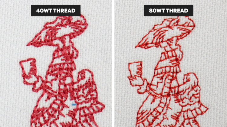 Same size embroidery design using 40wt thread on the left and 80wt thread on the right.