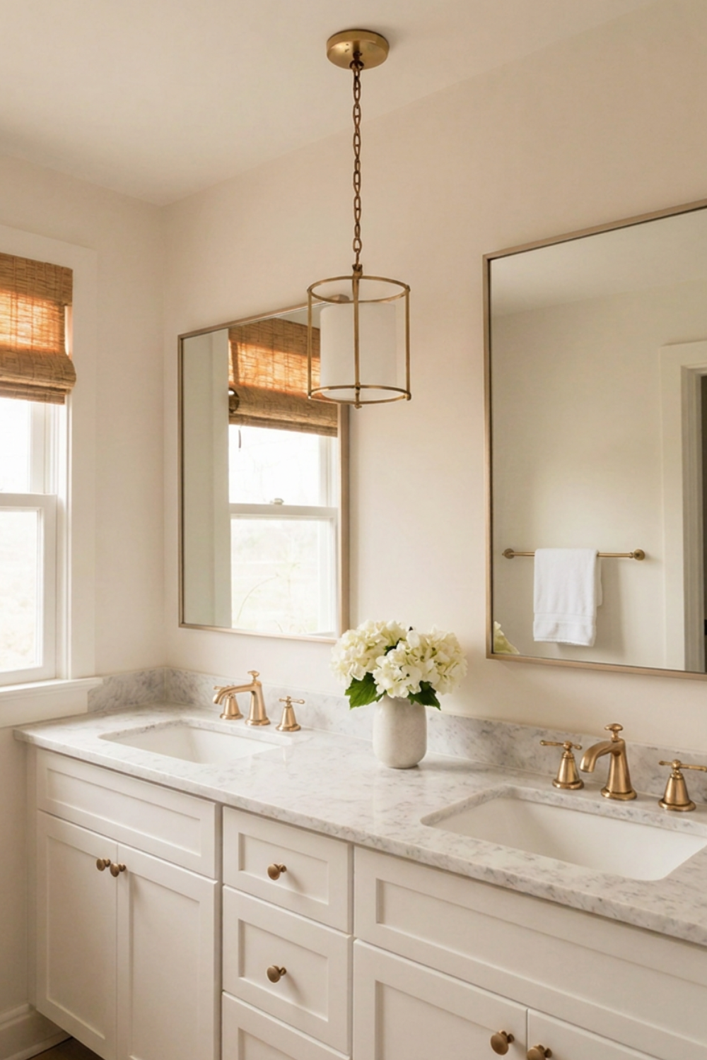 Small brass lantern pendant light hanging between double bathroom sinks