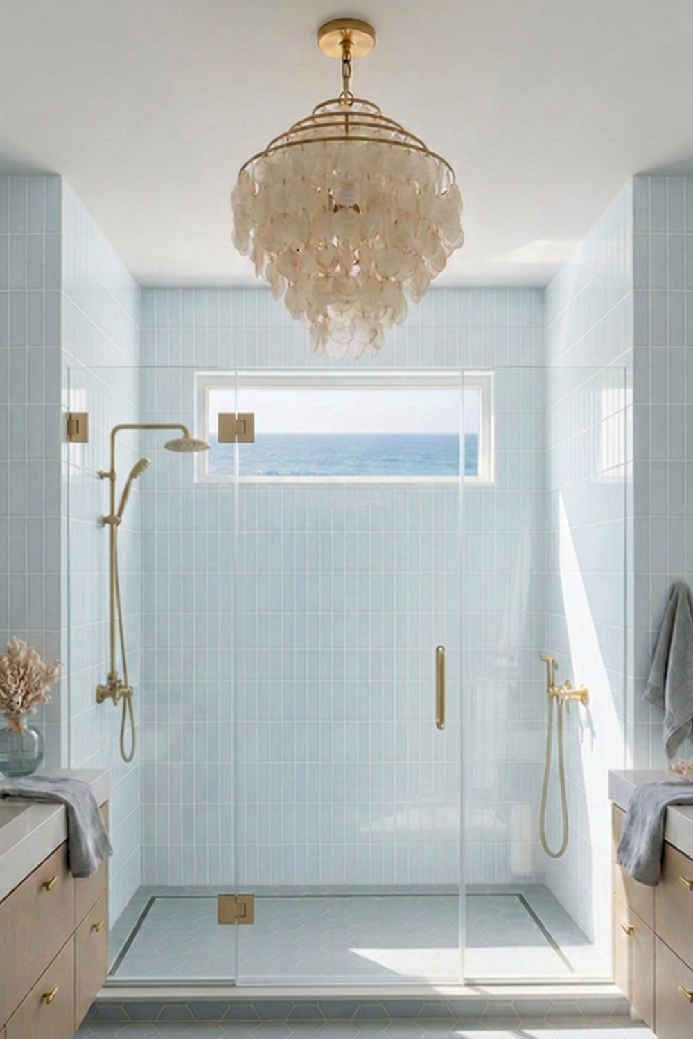 Capiz shell chandelier hanging above a glass-enclosed shower with blue tile
