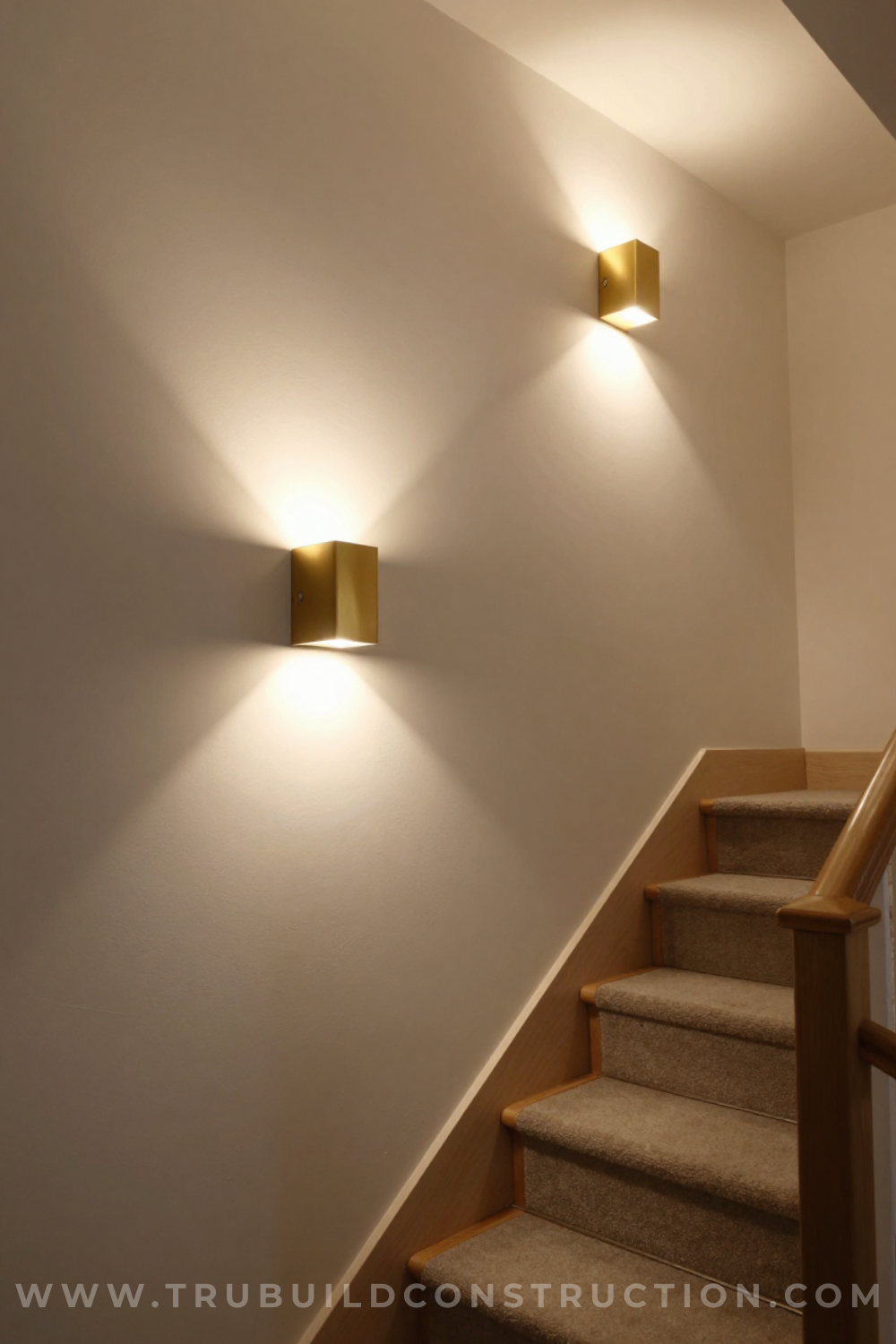 Modern wall sconces lighting a narrow basement staircase