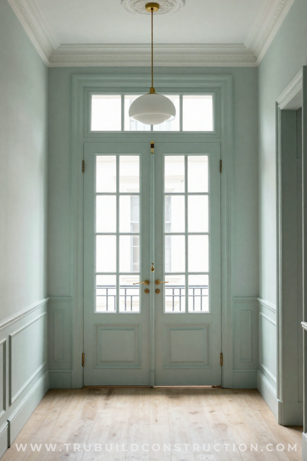 Sage green french doors with brass hardware and transom window in an entryway