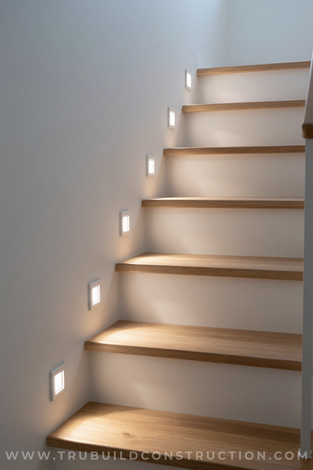 Recessed step lights illuminating basement stair treads at night