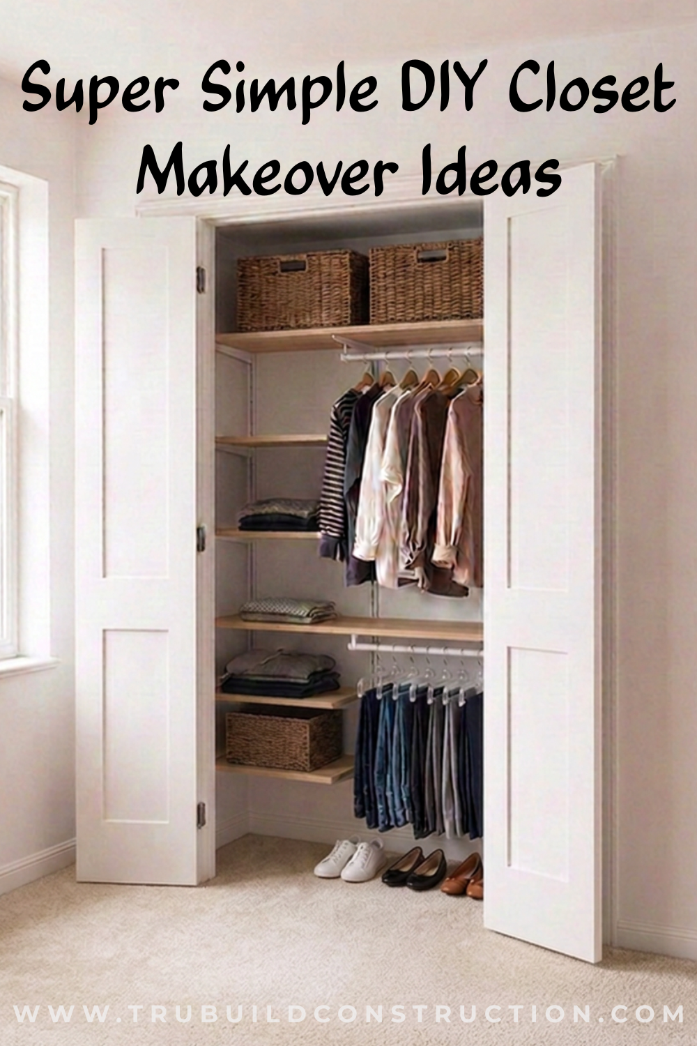 Simple wall-mounted closet organizer with shelving and hanging space in an organized reach-in closet.